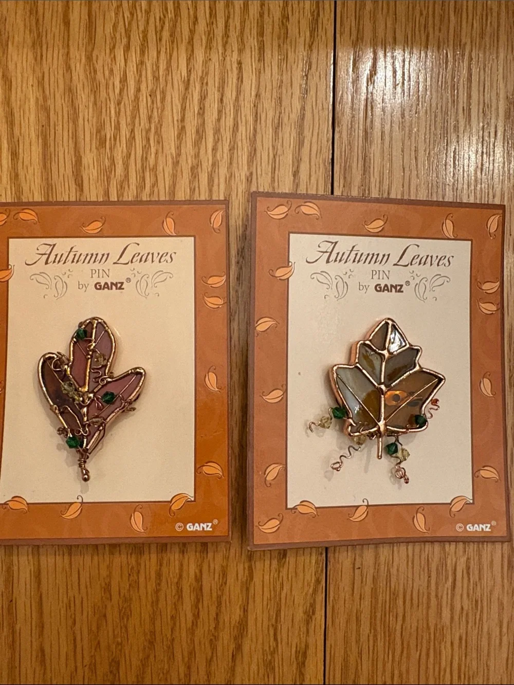 GANZ Autumn Leaves Enamel Pins in Rust & Cream with Green Accents